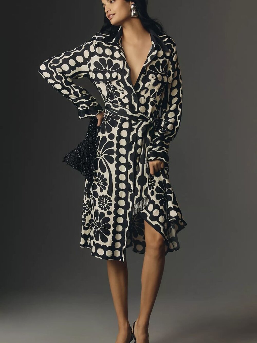 FARM Rio - Palermo Long Sleeve Belted Midi Shirtdress, black & white print, XXS - Picture 9 of 12